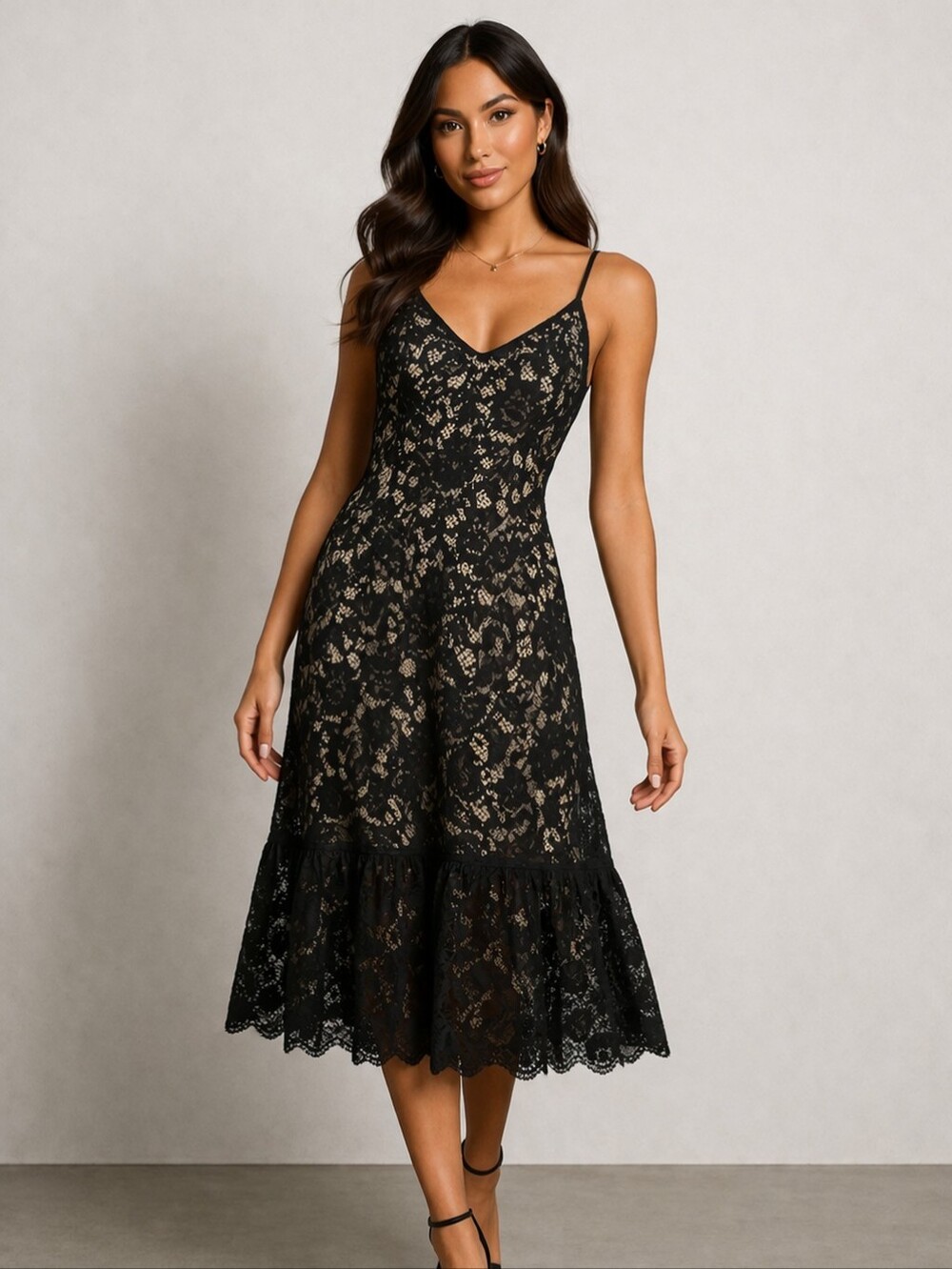 Paris Sunday Lace Midi Dress Black Nude Slip Dress Ruffle Hem Romantic Goth M